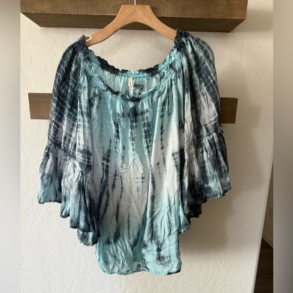 Elan|Anthro Tie Dye Blue Ruffled Blouse with Dramatic Sleeves,Boho style•••OS - Picture 1 of 11